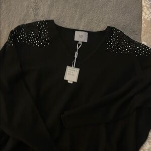 LIV Women's Black V-Neck Sweater with Embellished Shoulders